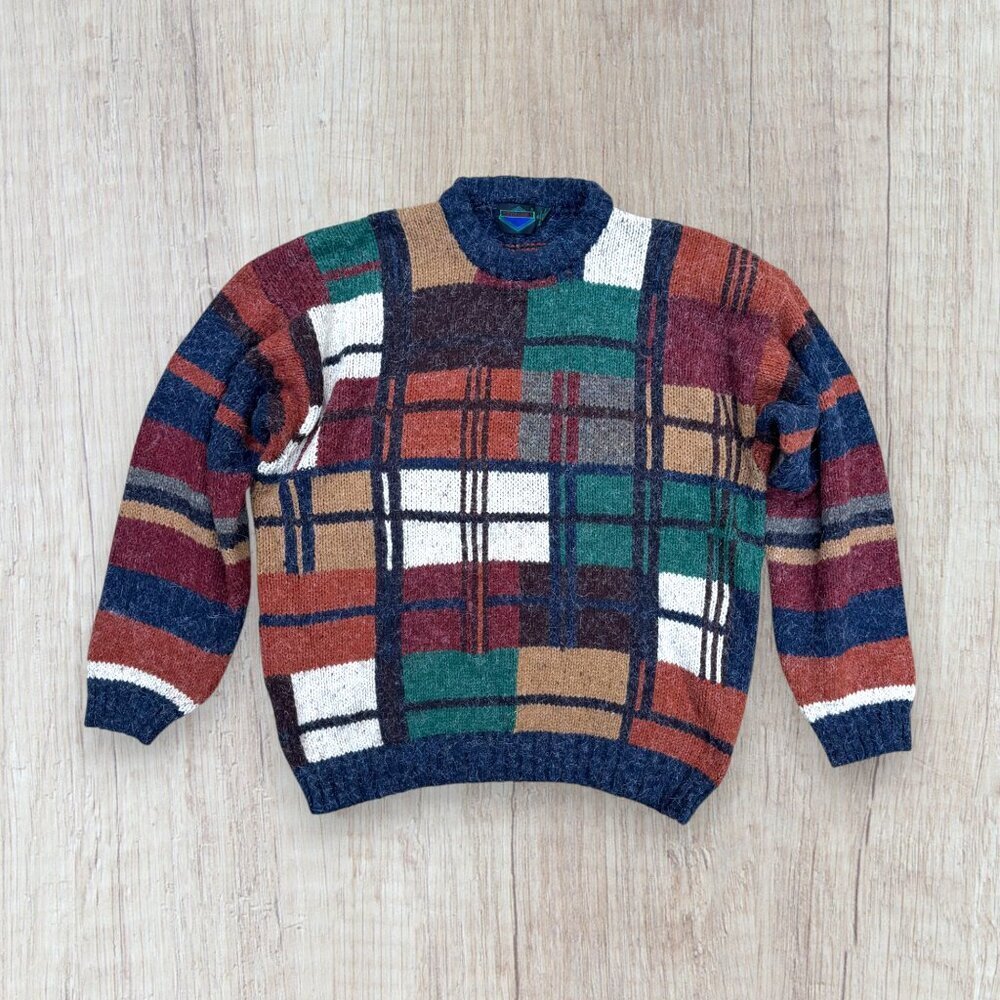 VTG Etchings Sweater Pullover Crew Neck Knit‎ Wool Chunky Thick Retro Patchwork
